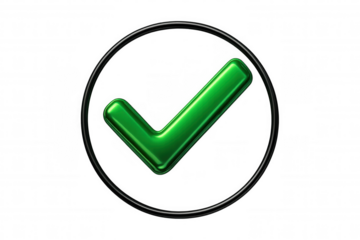 Green metallic check mark icon enclosed in a black circle, representing approval, verification, confirmation, and accepted solutions