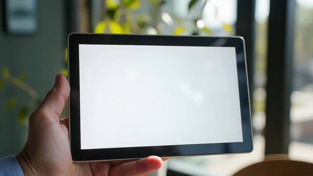 Hand holding a tablet with a blank white screen for content insertion and display