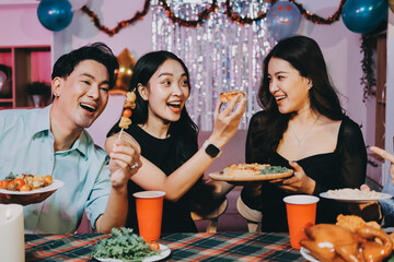 Diversity, dinner and group of people toast celebration together at party. Friends, happy and celebrate with food, wine and friendship for love, support and cheers champagne at business function