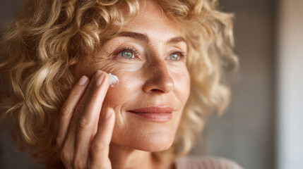 Mature caucasian woman with blonde curly hair, light skin is applying a cream to her face standing near window. Anti-aging skincare. Healthy skin. Generative AI