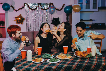 Diversity, dinner and group of people toast celebration together at party. Friends, happy and celebrate with food, wine and friendship for love, support and cheers champagne at business function