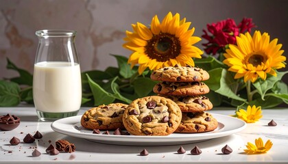 Stack of chocolate chip cookies, milk, and sunflowers