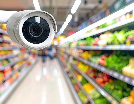 Security camera watches over a blurred grocery aisle - Powered by Adobe
