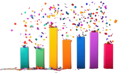 Colorful bar graph celebrates business growth with confetti on transparent background