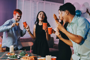 Diversity, dinner and group of people toast celebration together at party. Friends, happy and celebrate with food, wine and friendship for love, support and cheers champagne at business function