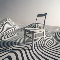 Minimalist Chair on a stylized white and black striped waves.