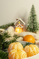 Tangerines on plates, and behind them are Christmas tree branches and a Christmas house.Perfect for Christmas, New Year, and winter holiday themes.