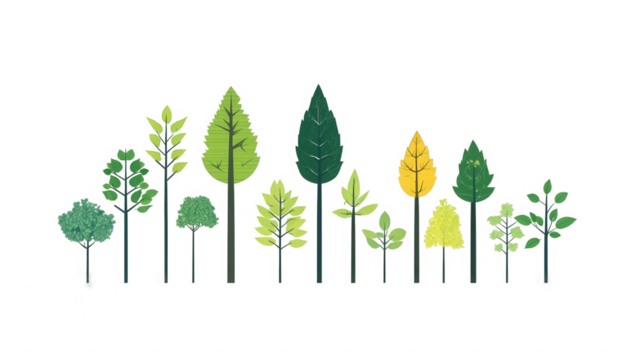 Stylized trees in various shades of green and yellow on transparent background
