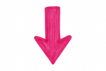Pink hand-drawn arrow pointing down, indicating direction, showing pointer, isolated on transparent background
