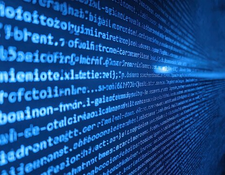 Blue computer screen filled with abstract text