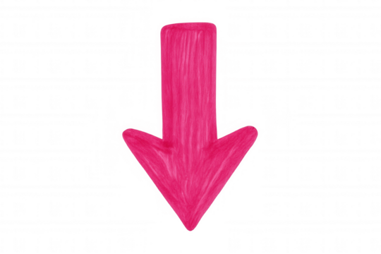 Pink hand-drawn arrow pointing down, indicating direction, showing pointer, isolated on transparent background
