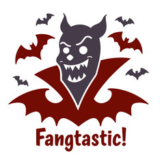 Illustration of a grinning cartoon vampire with bats and the word fangtastic below it all in color