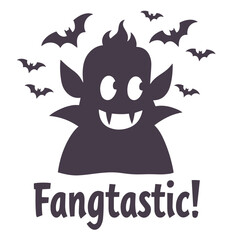Cartoon vampire with bats and fangtastic text for halloween themed design and decoration element