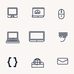 Set of technology icons, computer hardware and digital communication symbols. Vector illustrations of devices and networking equipment
