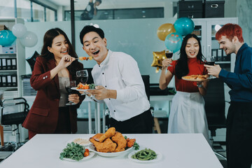 Diversity, dinner and group of people toast celebration together at party. Friends, happy and celebrate with food, wine and friendship for love, support and cheers champagne at business function