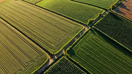Aerial View of Lush Agricultural Fields Utilizing Precision Farming Techniques Showcasing Varied Crop Patterns in Geometric Layouts Under Golden Hour Light