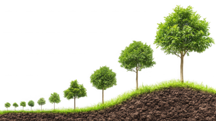 Trees growing in size on a hill representing growth and progress over time on transparent background