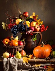 Still life of autumn fruits and gourds