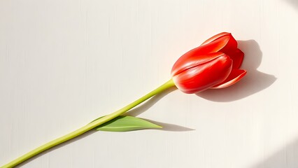 A single red tulip in full bloom rests on beige linen, surrounded by soft shadows and negative space.