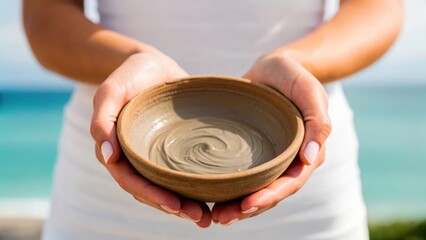 Fototapeta premium Wellness retreat therapy travel concept. A person holds a handmade bowl containing a swirl of clay by a tranquil ocean backdrop.
