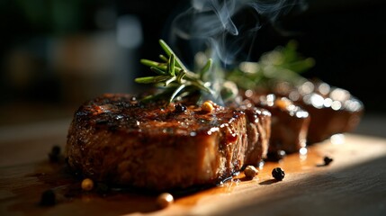 Juicy grilled steak with rosemary garnish on wooden board