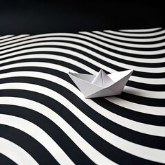 paper boat on stylized white and black striped waves.