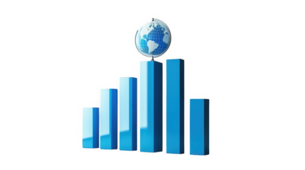 Global business growth chart with a world globe showing international success on transparent background