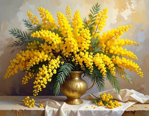 Still life of mimosa flowers in a vase.  A radiant bouquet