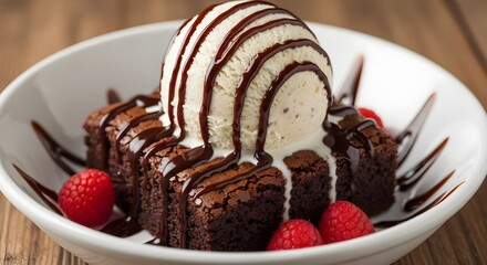 A brownie with ice cream and chocolate sauce