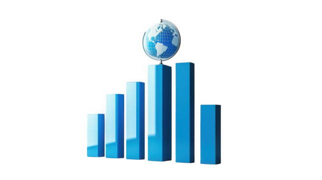 Global business growth chart with a world globe showing international success on transparent background