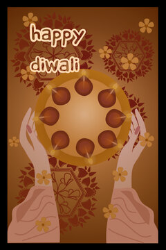 Diwali card design, earthen lamps arranged in a plate
