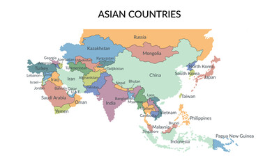 Asian countries borders and names isolated on white background. Vector template isolated on white.