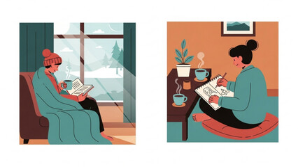 Woman reading book and drinking coffee in cozy living room during snowy winter day, enjoying peaceful and relaxing moment.