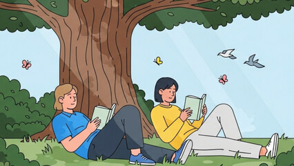 Obraz premium Couple reading books under a large tree in park surrounded by butterflies and birds on a sunny day, enjoying peaceful and relaxing moment together.