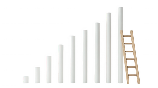 Wooden ladder leaning against a growing graph of white columns on transparent background