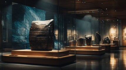 Echoes of the Past: Inside a museum, ancient relics are showcased within glass displays, offering a captivating glimpse into historical treasures under museum lighting.