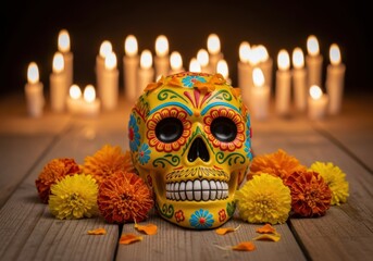 Colorful day of the dead sugar skull with marigolds and candles isolated on white background