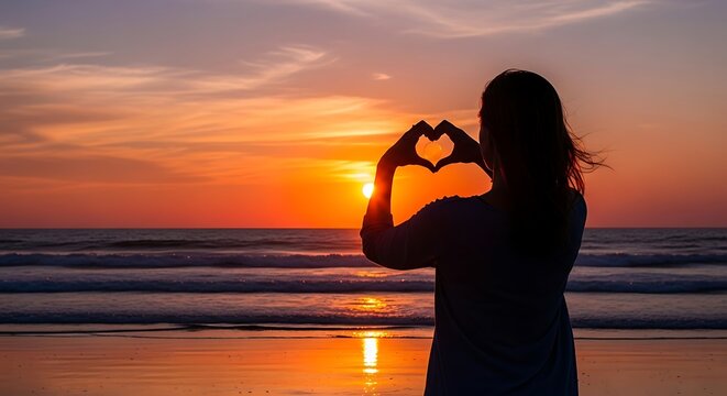 Silhouette of a woman making a heart shape with her hands at sunset.