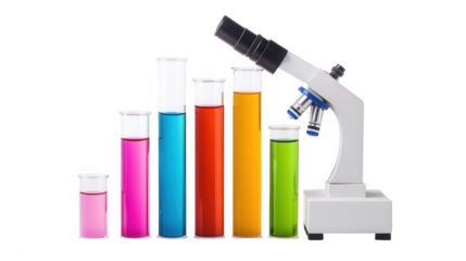 Colorful liquids in test tubes displayed with a microscope on a black backdrop on transparent background