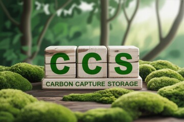 Ecological concept of Carbon Capture and Storage, with the CCS acronym on wooden blocks set in a lush, green mossy forest