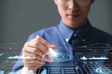 Male professional analyzing complex data on a holographic dashboard with a digital pen, representing business intelligence and innovation