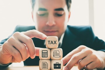 Businessman arranging wooden blocks with financial icons, topped by a cube with the word TAX, symbolizing tax planning and management