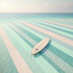 Minimalist surf board on stylized blue and white striped waves.