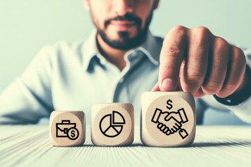 Businessman arranging wooden blocks with financial, analytical, and partnership icons, symbolizing the building blocks of a successful business strategy and growth