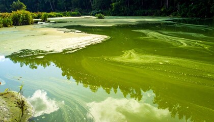 Still pond with green algae blooms