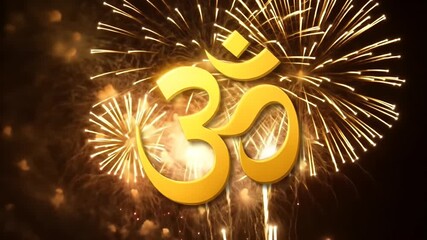 Golden Om Symbol Illuminates Festive Fireworks Display Celebration.