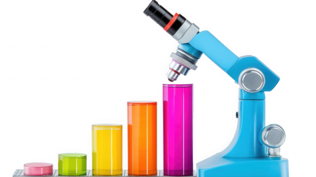 Blue microscope analyzing colorful bar graph showing growth and scientific research on transparent background