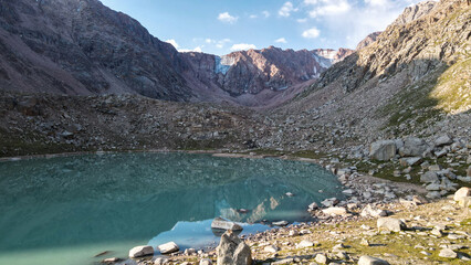 a moraine lake in the mountains. a beautiful mountain lake