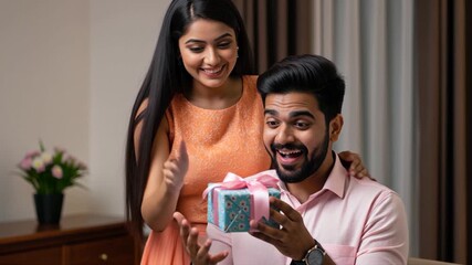 woman giving gift to husband on diwali - Powered by Adobe