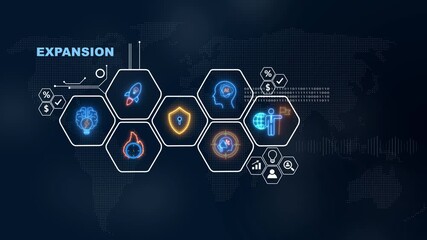 Global business expansion strategy illustrating concepts of growth and opportunity, social network icons ,Beautiful motion waving dots map texture with glowing defocused particles 4k video.